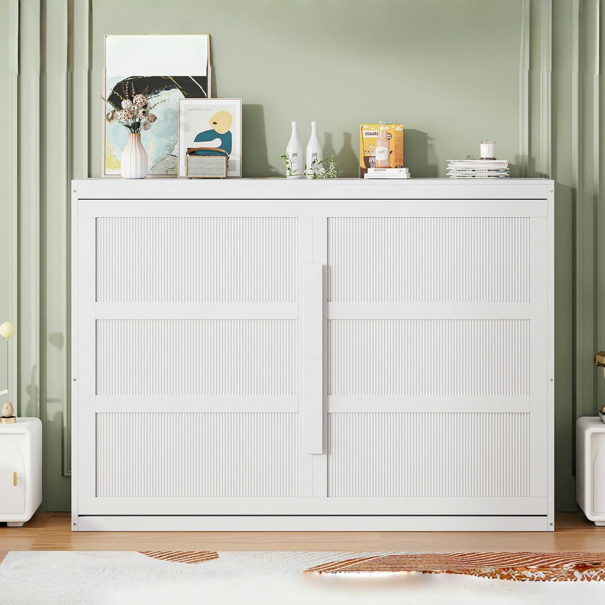 Queen Size Murphy Bed Wall Bed Modern design with LED Lights,White