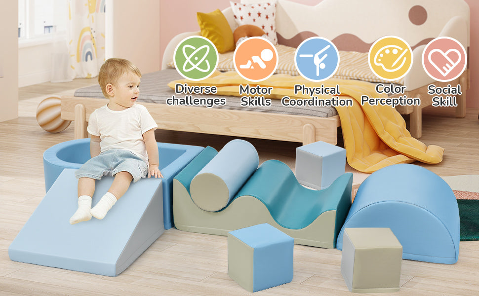 Soft Climb and Crawl Foam Playset 8 in 1, Safe Soft Foam Nugget Block for Infants, Preschools, Toddlers, Kids Crawling and Climbing Indoor Active Play Structure