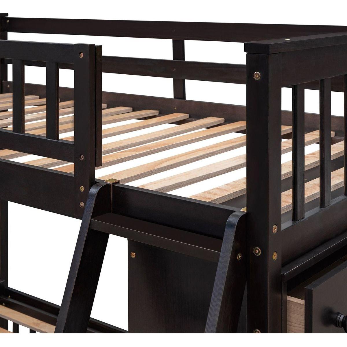 Wooden Twin Over Full Bunk Bed With Six Drawers And Flexible Shelves,Bottom Bed With Wheels,Espresso