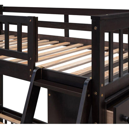 Wooden Twin Over Full Bunk Bed With Six Drawers And Flexible Shelves,Bottom Bed With Wheels,Espresso