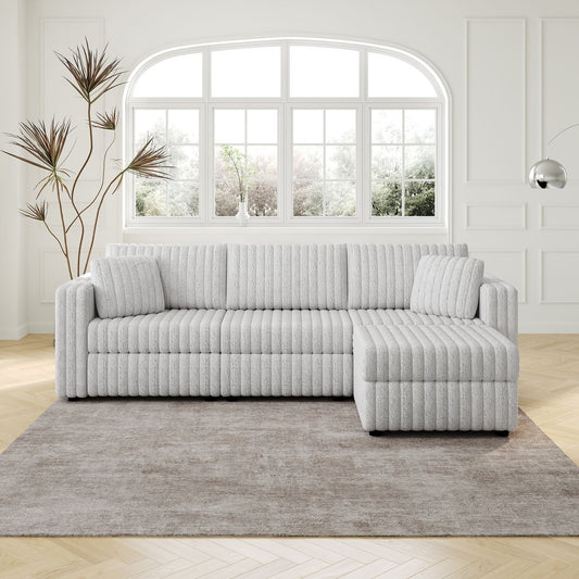 106.3' Soft  3-Person Sofa. Matches 30.7' Ottoman with Hydraulic Lift. Comfortable & Stylish. For Bedroom & Living Room. Light Gray. Modern Furniture. Modular Design.