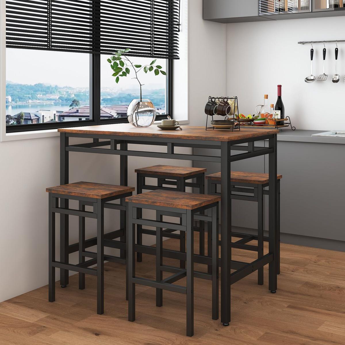 Bar table set 5PC Dinging table set with high stools, structural strengthening, industrial style. Rustic Brown, 43.31" L x 23.62" W x 35.43" H.
