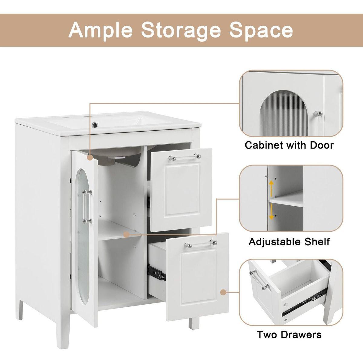 24" Bathroom Vanity with Sink, Bathroom Vanity Cabinet with Two Drawers and Door, Adjustable Shelf, Solid Wood and MDF, White