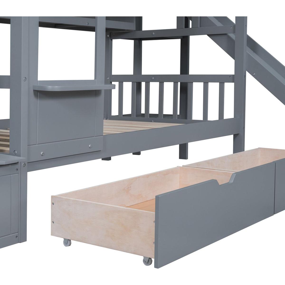 Twin-Over-Twin Castle Style Bunk Bed with 2 Drawers 3 Shelves and Slide - Gray