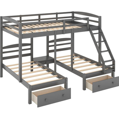 Full over Twin & Twin Bunk Bed,Triple Bunk Bed with Drawers, Gray
