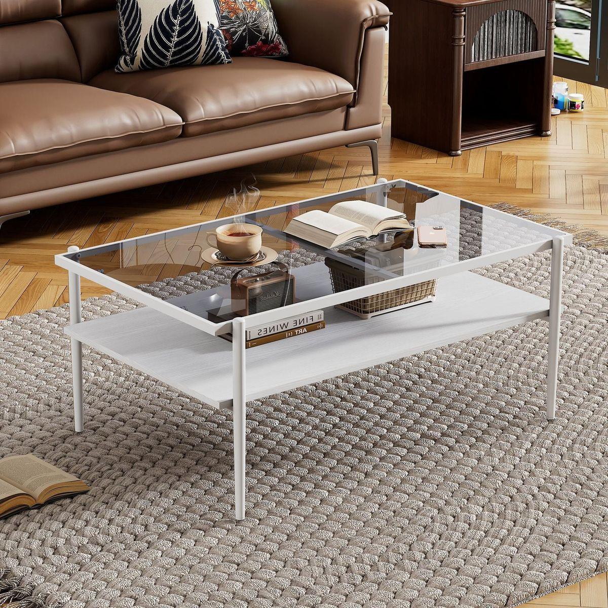 Rectangle Coffee Table with Gray Tempered Glass top and White Legs, Modern Table for Living Room - Streamdale Furniture