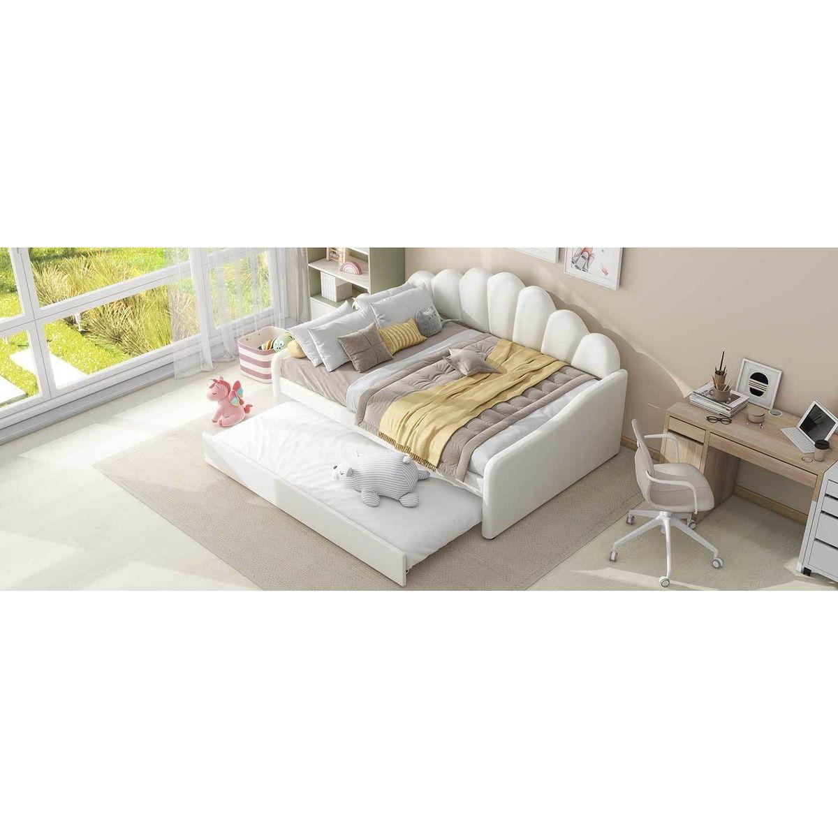 Full Size Upholstery Daybed Frame with Shall Shaped Backrest and Trundle,Beige