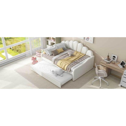 Full Size Upholstery Daybed Frame with Shall Shaped Backrest and Trundle,Beige