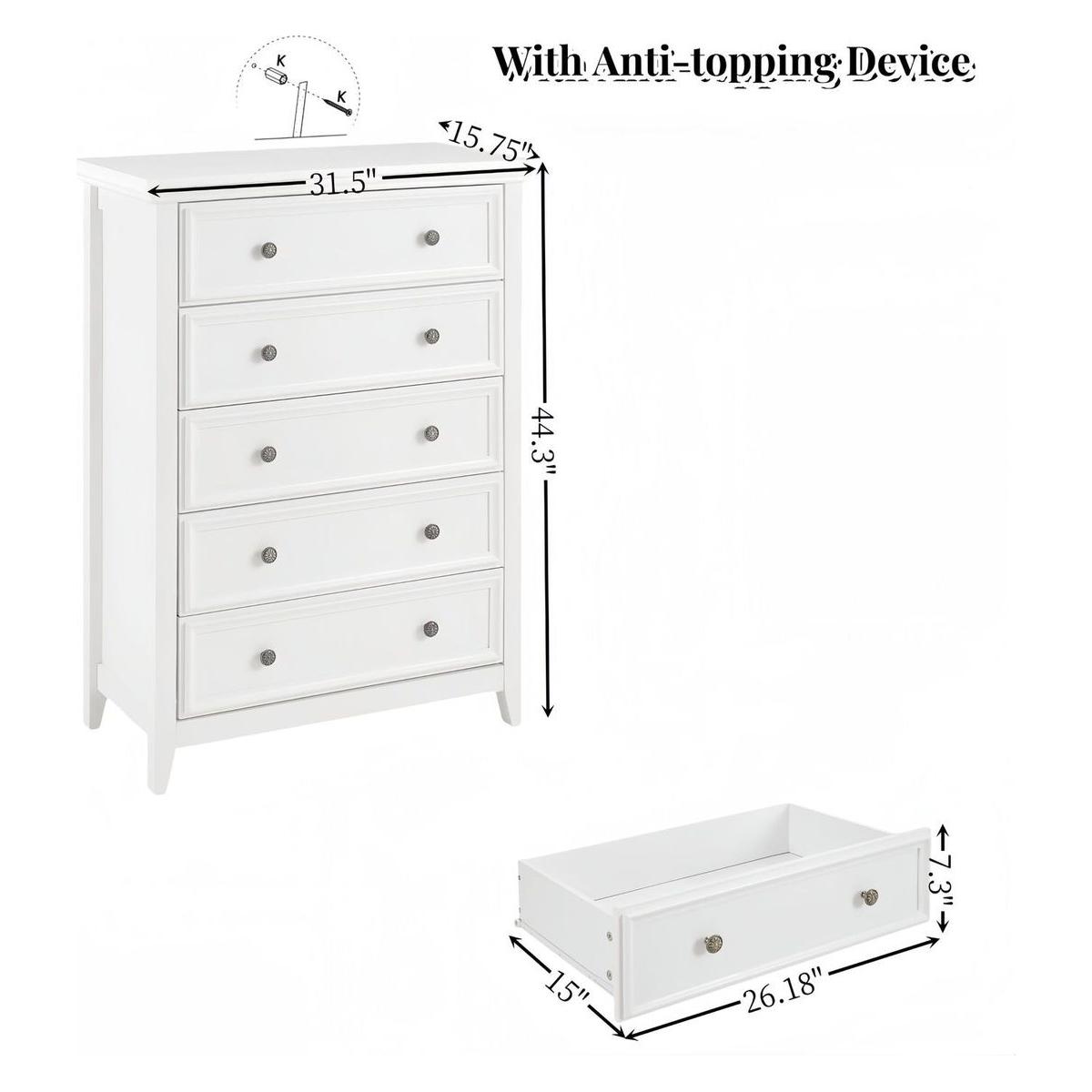 Modern 5 Drawers Dresser 5 Drawers Cabinet,Chest of Drawers Closet Organizers and Storage Clothes Storage Drawers Cabinet for Living Room, Farmhouse Dresser Organizer WHITE
