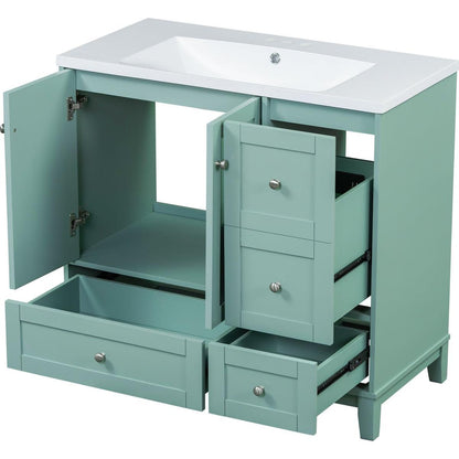 36 Inch Modern Bathroom Vanity with USB Charging, Two Doors and Three Drawers Bathroom Storage Vanity Cabinet, Small Bathroom Vanity cabinet with single sink, Green - Faucets Not Included