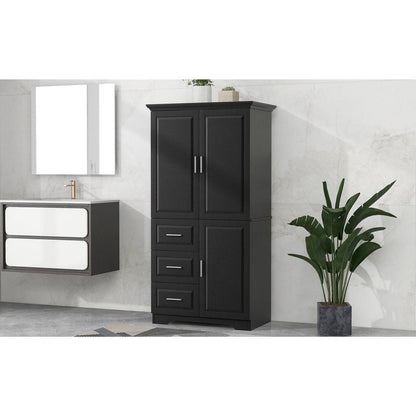 Tall and Wide Storage Cabinet with Doors for Bathroom/Office, Three Drawers, Black