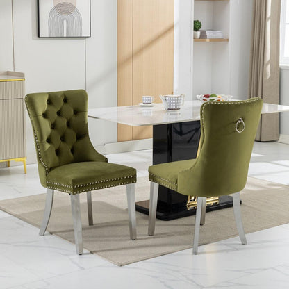 Nikki Collection Modern, High-end Tufted Solid Wood Contemporary Velvet Upholstered Dining Chair with Chrome Stainless Steel Plating Legs,Nailhead Trim,Set of 2,Olive-Green and Chrome