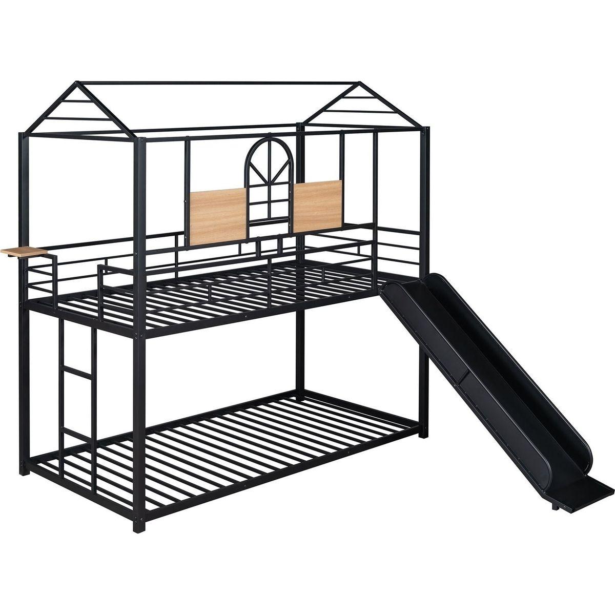 Twin Over Twin Metal Bunk Bed, Metal Housebed With Slide,Three Colors Available.(Black with Black Slide)