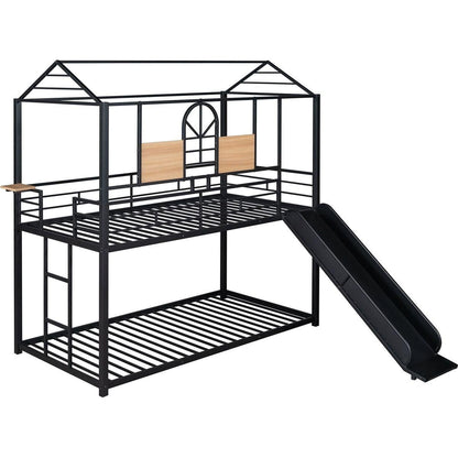 Twin Over Twin Metal Bunk Bed, Metal Housebed With Slide,Three Colors Available.(Black with Black Slide)