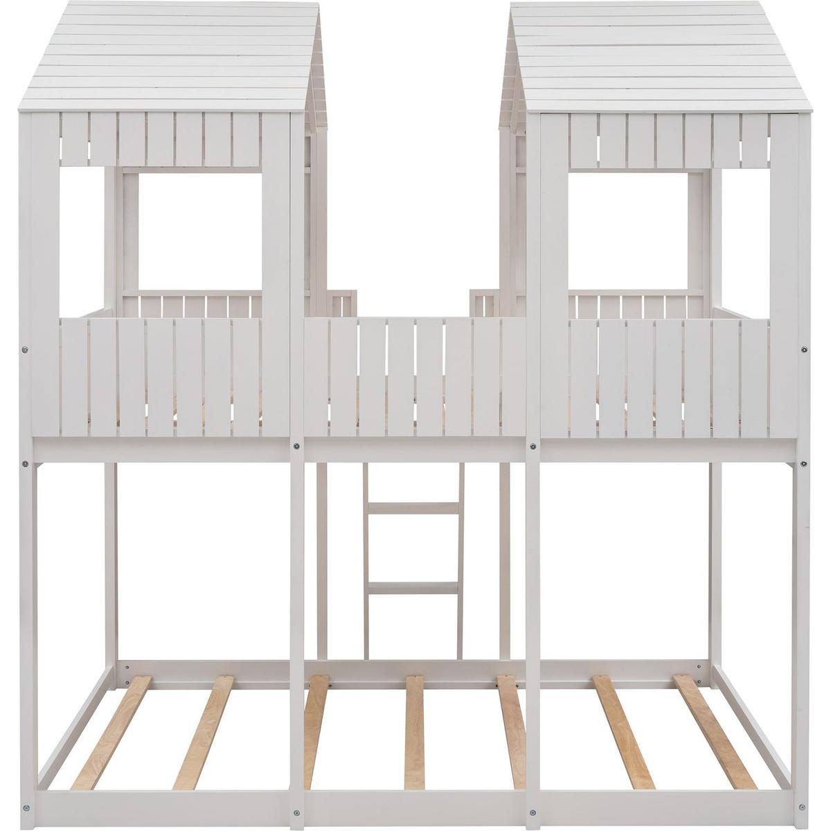 Full Over Full WoodBunk Bed with Roof, Window, Guardrail, Ladder(White)