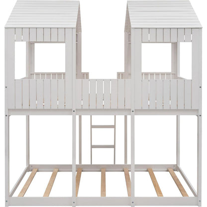 Full Over Full WoodBunk Bed with Roof, Window, Guardrail, Ladder(White)