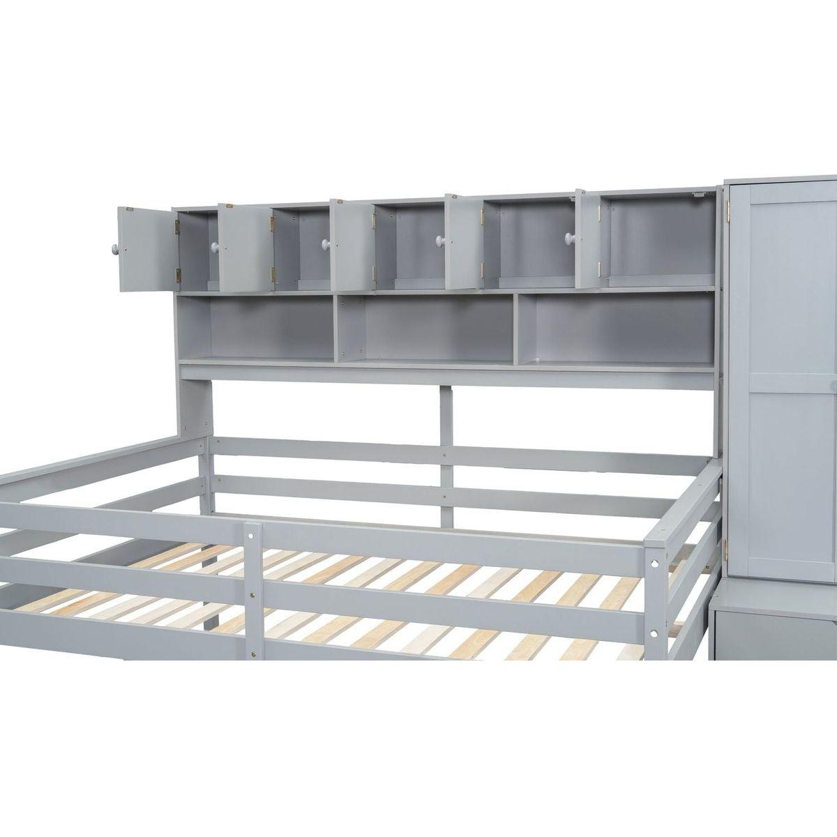 Full Size Wooden Loft Bed Big Storage with Under-bed Desk, with Drawers, with Shelves, Gray