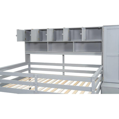 Full Size Wooden Loft Bed Big Storage with Under-bed Desk, with Drawers, with Shelves, Gray