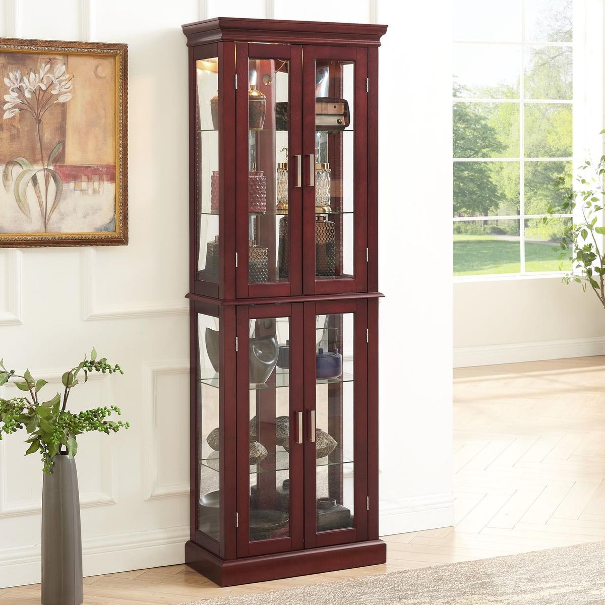 Curio Cabinet Lighted Curio Diapaly Cabinet with Adjustable Shelves and Mirrored Back Panel, Tempered Glass Doors (Cherry, 6 Tier), (E26 light bulb not included)