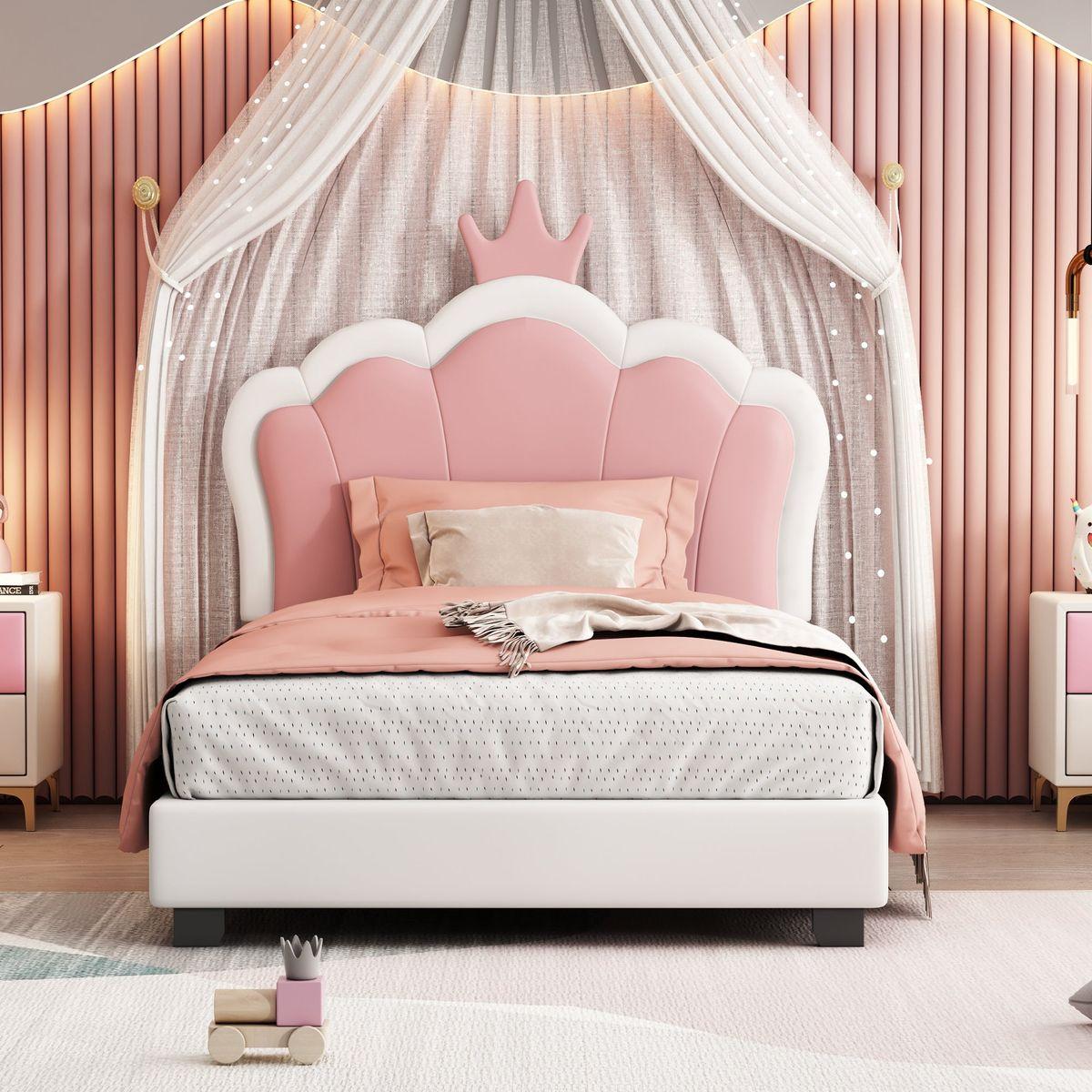 Twin size Upholstered Princess Bed With Crown Headboard,Twin Size Platform Bed with Headboard and Footboard, White+Pink(Old SKU:WF303336AAK)