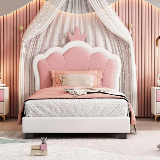Twin size Upholstered Princess Bed With Crown Headboard,Twin Size Platform Bed with Headboard and Footboard, White+Pink(Old SKU:WF303336AAK)