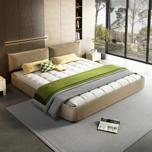 King Size Cloud Bed Frame with Oversized Padded Movable Headboard, Chenille Upholstered Bed with Round Corner,Metal + Solid Wooden Slat Double Support,No Box Spring Needed,Camel