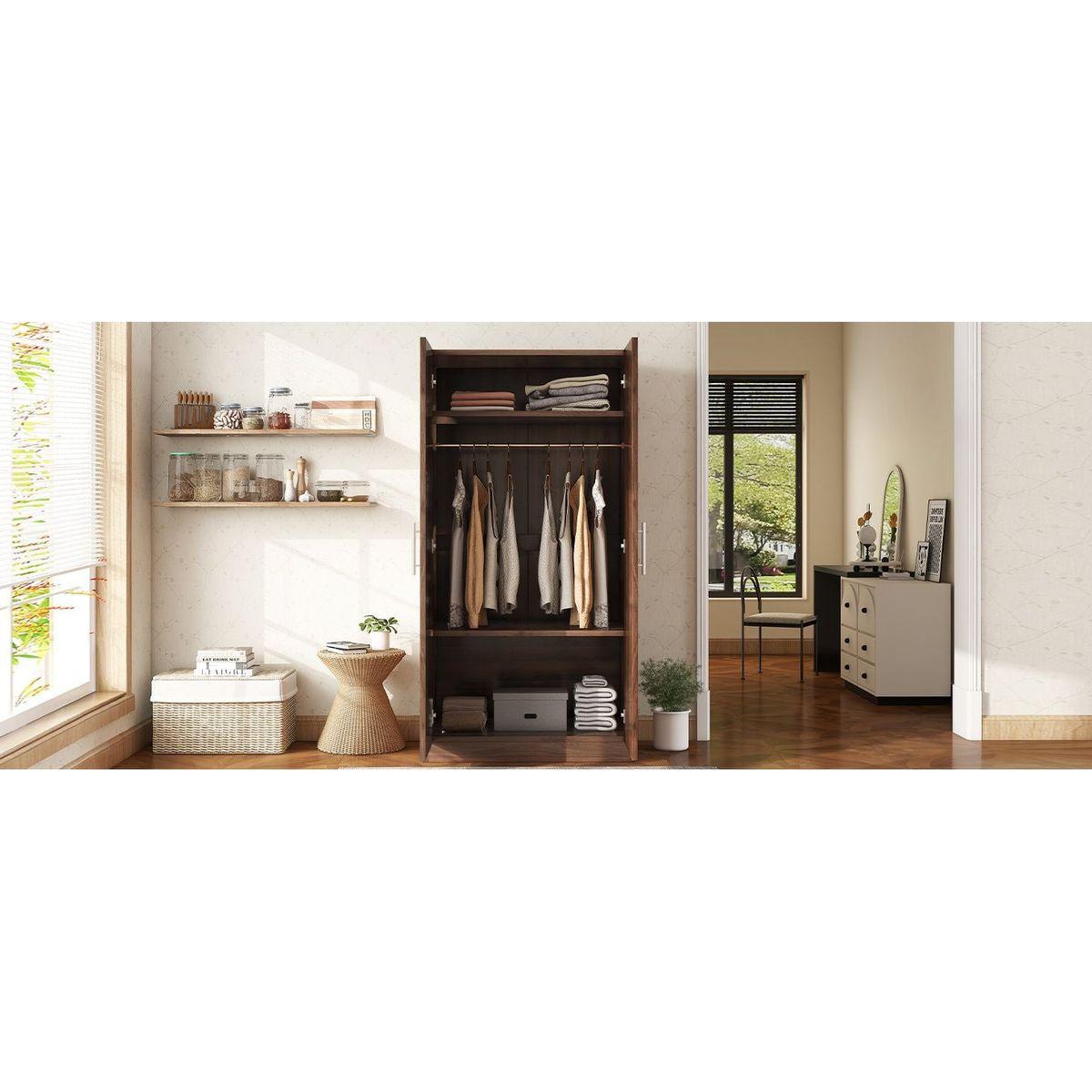 2-Door Wooden Wardrobe Armoire with 3 Storage Shelves, Brown