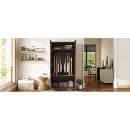 2-Door Wooden Wardrobe Armoire with 3 Storage Shelves, Brown
