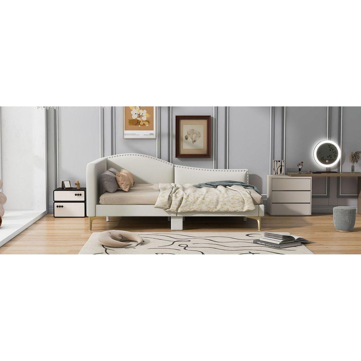 Full Size Upholstered Daybed with Headboard and Armrest, Support Legs, Beige