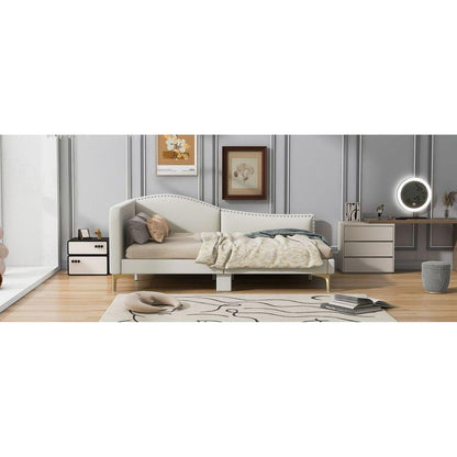 Full Size Upholstered Daybed with Headboard and Armrest, Support Legs, Beige