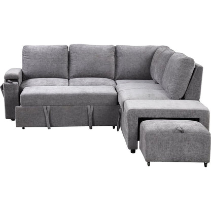 L-shaped Padded Modular Sofa with Storage Space, USB Ports, and Cup Holders on the Armrests, Suitable for Living Rooms, Offices, and Apartments.