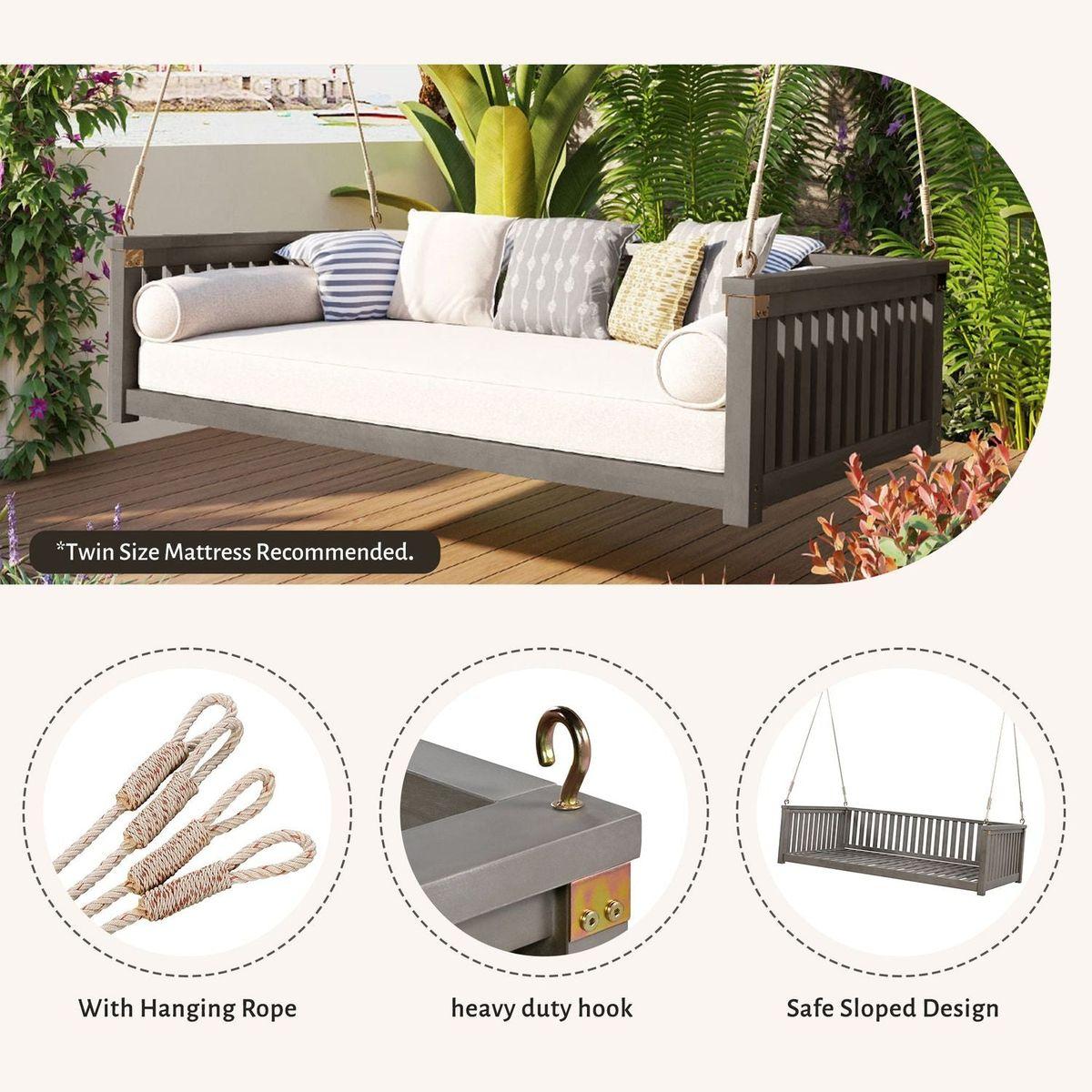 Patio Minimalist Twin Size Garden Swing Bed Wood Porch Swing with Ropes for Backyard, Safe Sloped Design, Gray
