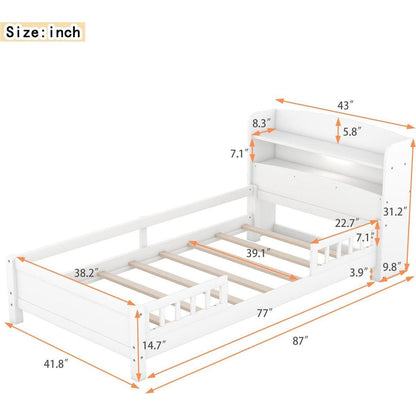 Wood Twin Size Platform Bed with Built-in LED Light, Storage Headboard and Guardrail, White