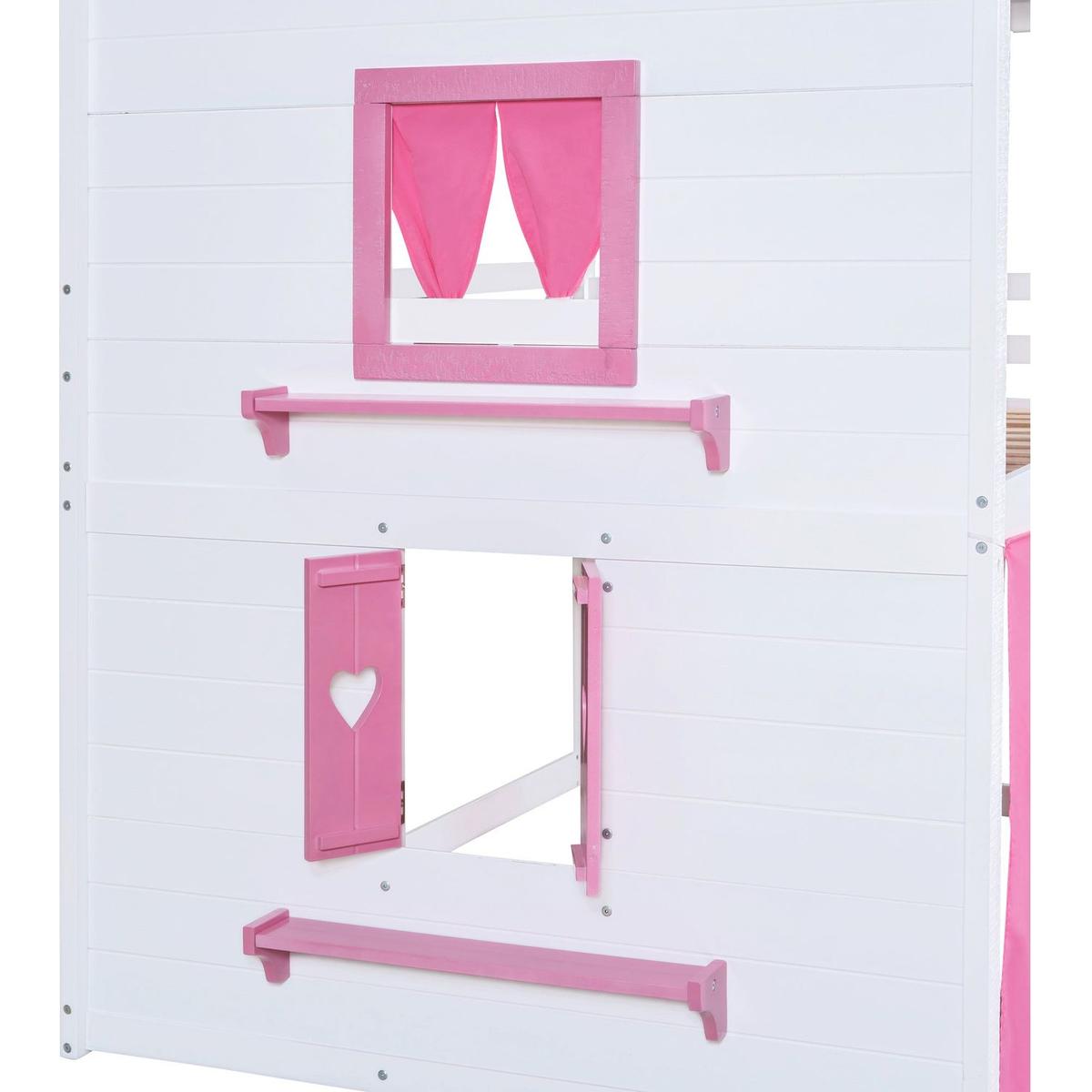 Full Size Bunk Wood House Bed with Elegant Windows, Sills and Tent, Pink+White