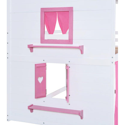 Full Size Bunk Wood House Bed with Elegant Windows, Sills and Tent, Pink+White