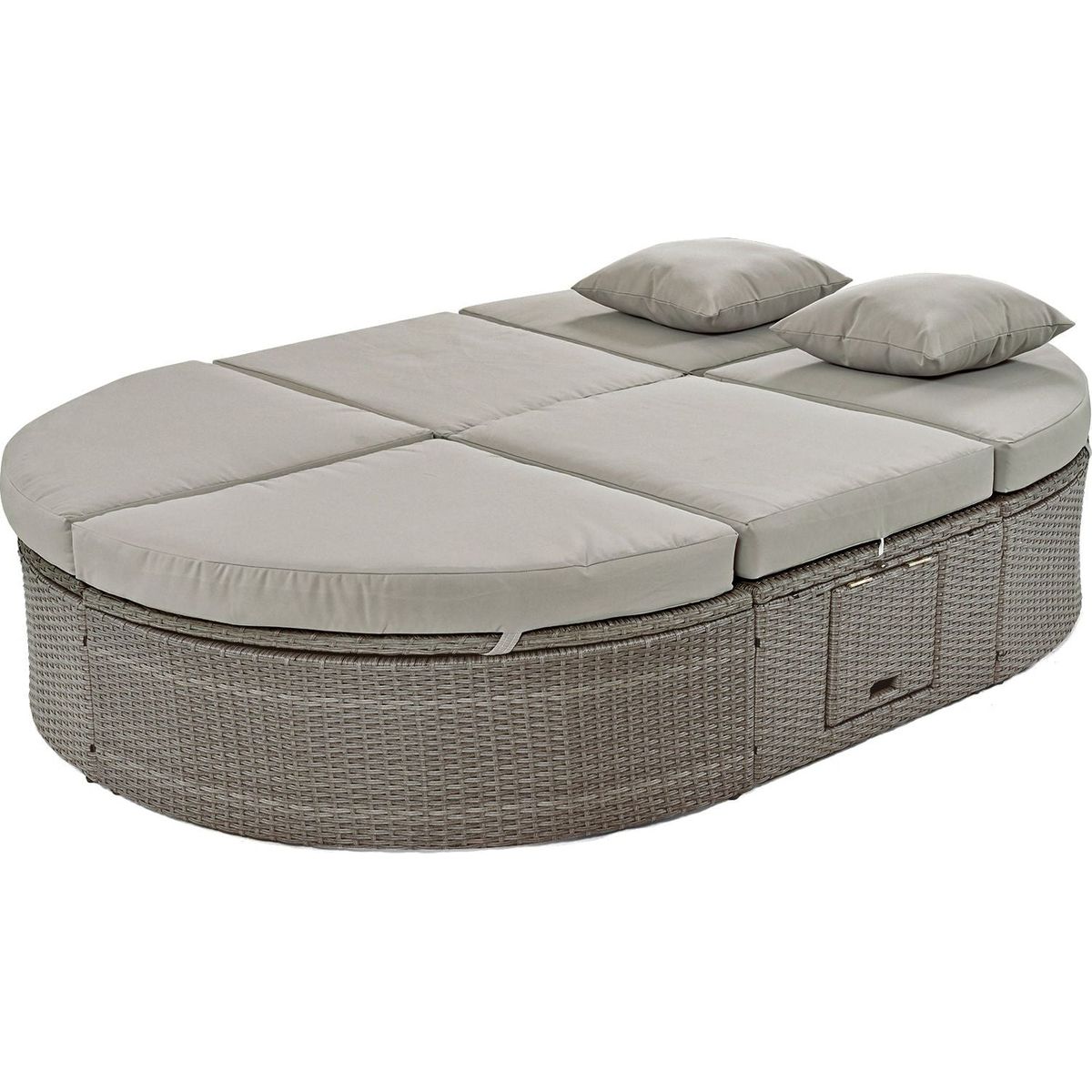 Outdoor Sun Bed Patio 2-Person Daybed with Cushions and Pillows, Rattan Garden Reclining Chaise Lounge with Adjustable Backrests and Foldable Cup Trays for Lawn,Poolside, Gray