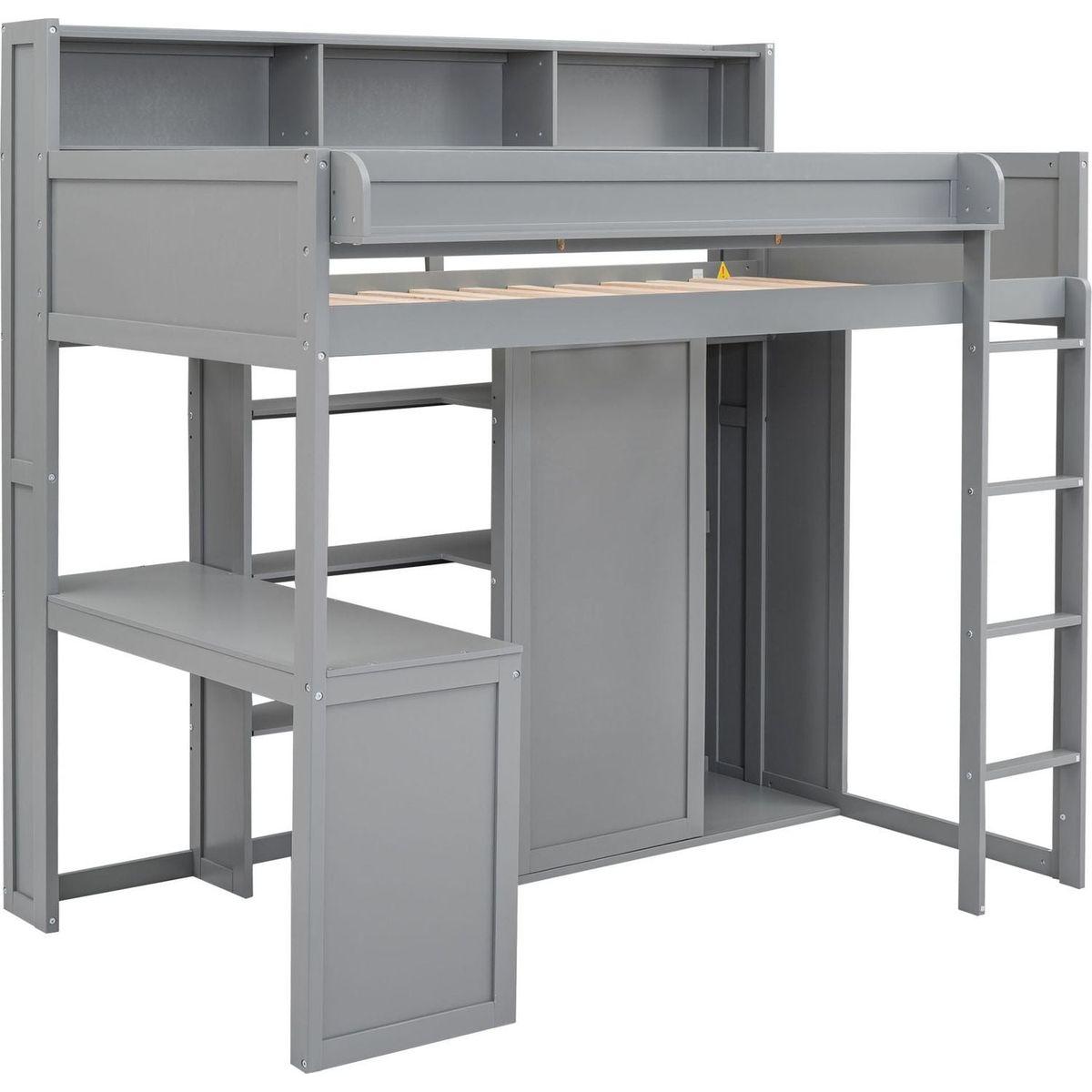 Wood Twin Size Loft bed with Multiple Storage Shelves and Wardrobe, Gray