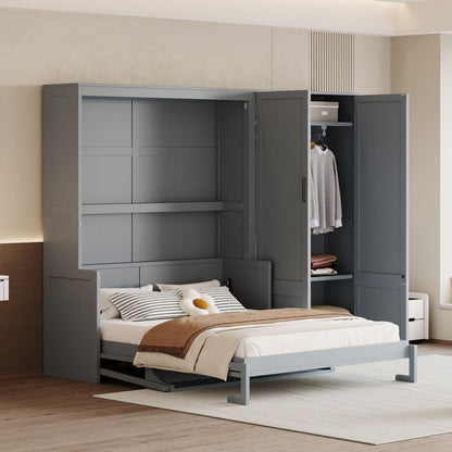 Queen Size Murphy Bed Wall Bed with Closet,Gray