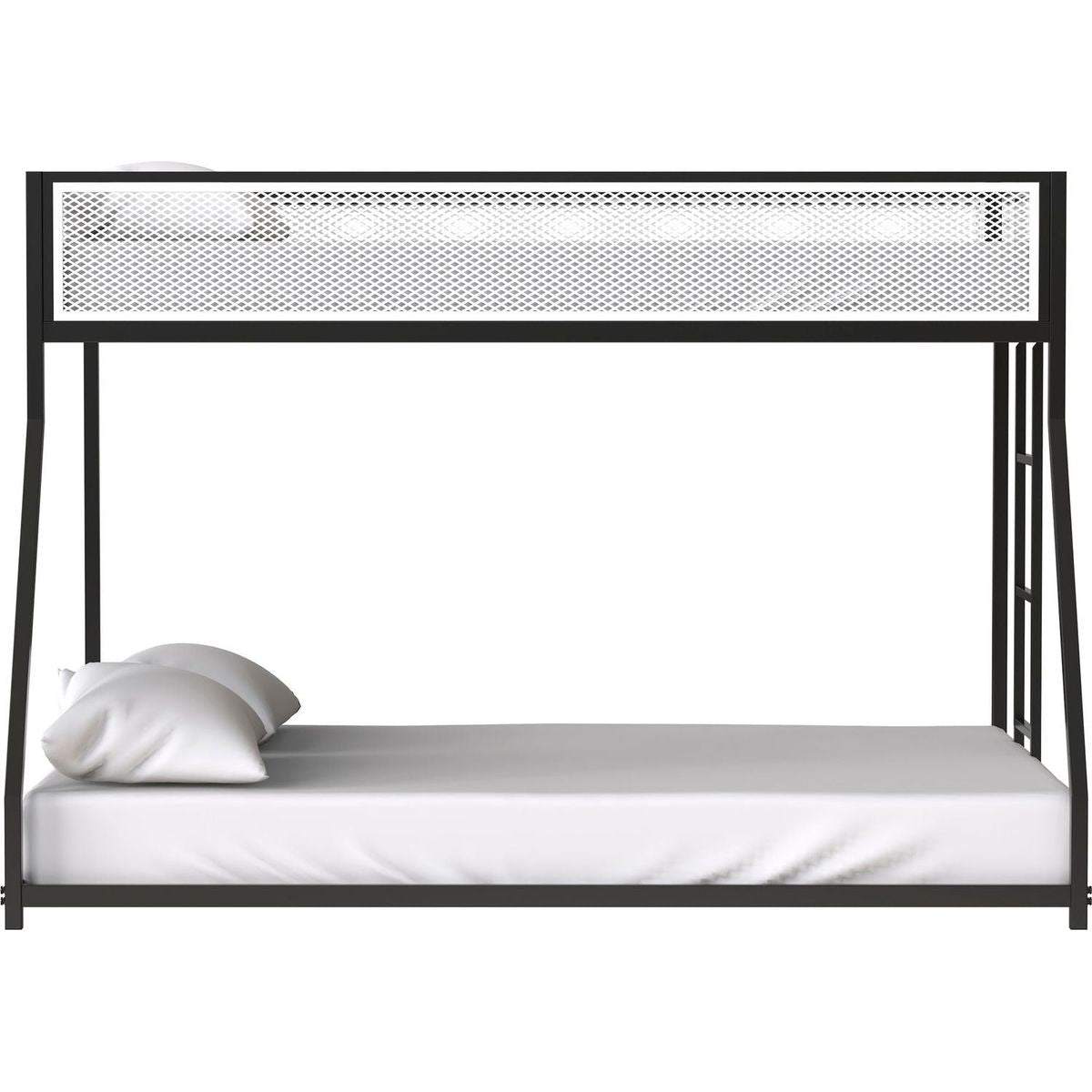 Adam Twin Full Bunk Black with White Mesh Guard Rail for Kids and Adult, Low Profile and Easy Climbing with Stable Ladder