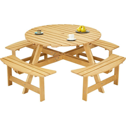 Outdoor 8 Person Picnic Table, 8 person Round Picnic Table with 4 Built-in Benches, Umbrella Hole, Outside Table and Bench Set for Garden, Backyard, Porch, Patio, Natural