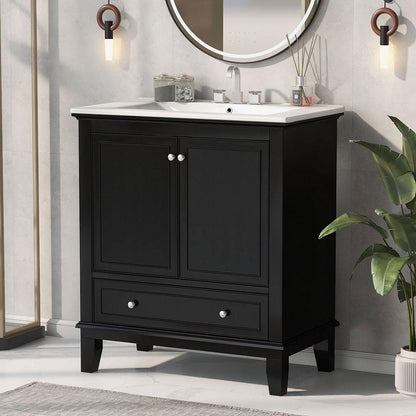 30" Bathroom Vanity with Sink Combo, Multi-functional Bathroom Cabinet with Doors and Drawer, Solid Wood and MDF Board, Black