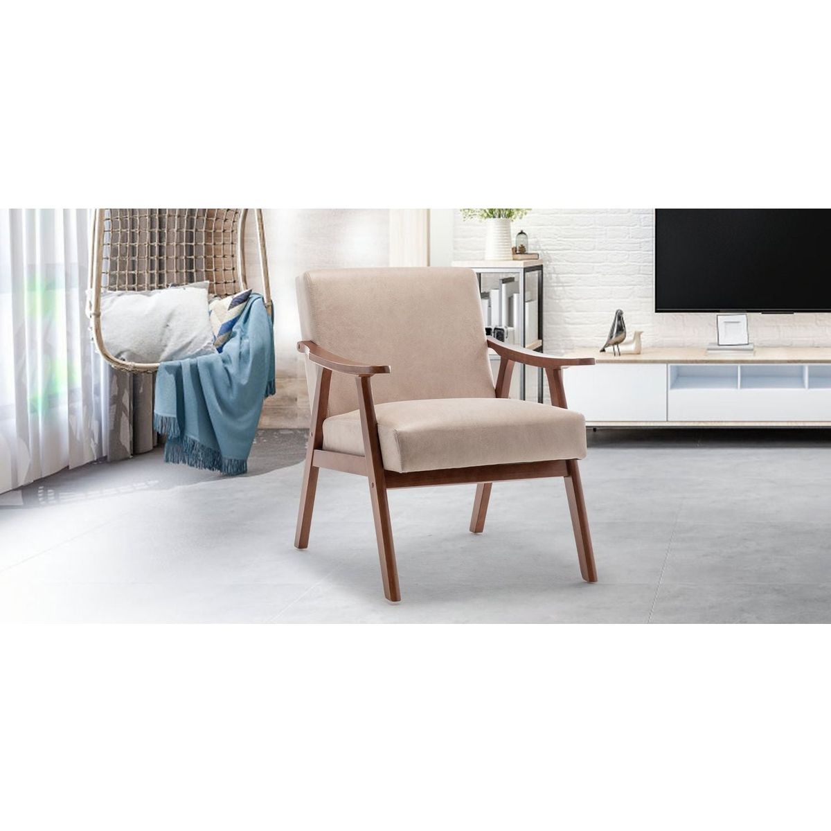 Mid-Century Modern Chair, Living Room Chair with Solid Wood Frame, Accent Chair Extra-Thick Backrest, Wingback Chair for Bedroom, Reading Room, Living Room, Lounge Chair Indoor