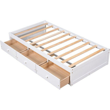 Twin Size Platform Storage Bed with 3 Drawers,White