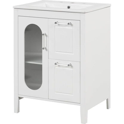 24" Bathroom Vanity with Sink, Bathroom Vanity Cabinet with Two Drawers and Door, Adjustable Shelf, Solid Wood and MDF, White