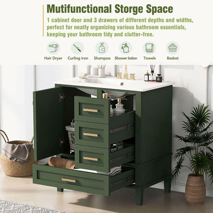 30" Bathroom Vanity in Green, Modern Bathroom Cabinet with Sink Combo Set, Bathroom Storage Cabinet with a Soft Closing Door and 3 Drawers, Solid Wood Frame