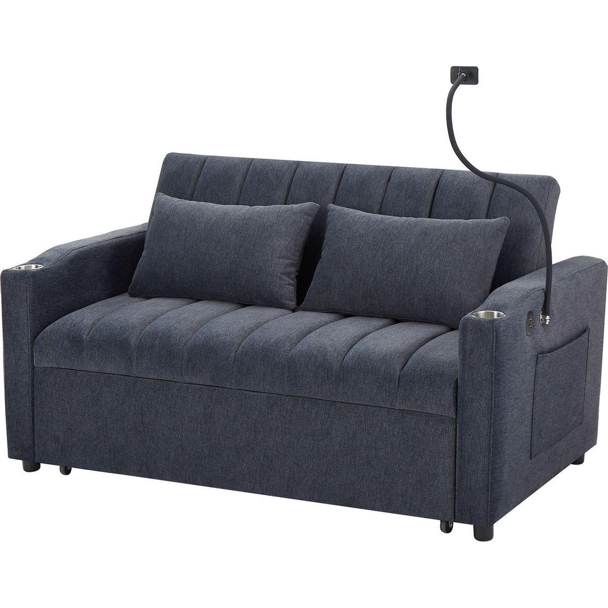 55.9" Convertible Sofa Bed Loveseat Sofa with Three USB Ports, Two Side Pockets, Two Cup Holders and 360Swivel Phone Holder for Living Room, Blue Grey