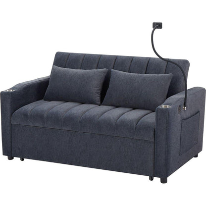 55.9" Convertible Sofa Bed Loveseat Sofa with Three USB Ports, Two Side Pockets, Two Cup Holders and 360Swivel Phone Holder for Living Room, Blue Grey
