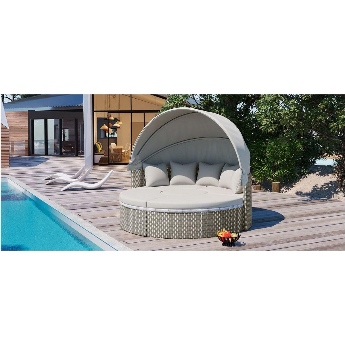Patio Furniture Round Outdoor Sectional Sofa Set Rattan Daybed Two-Tone Weave Sunbed with Retractable Canopy, Separate Seating and Removable Cushion, Gray