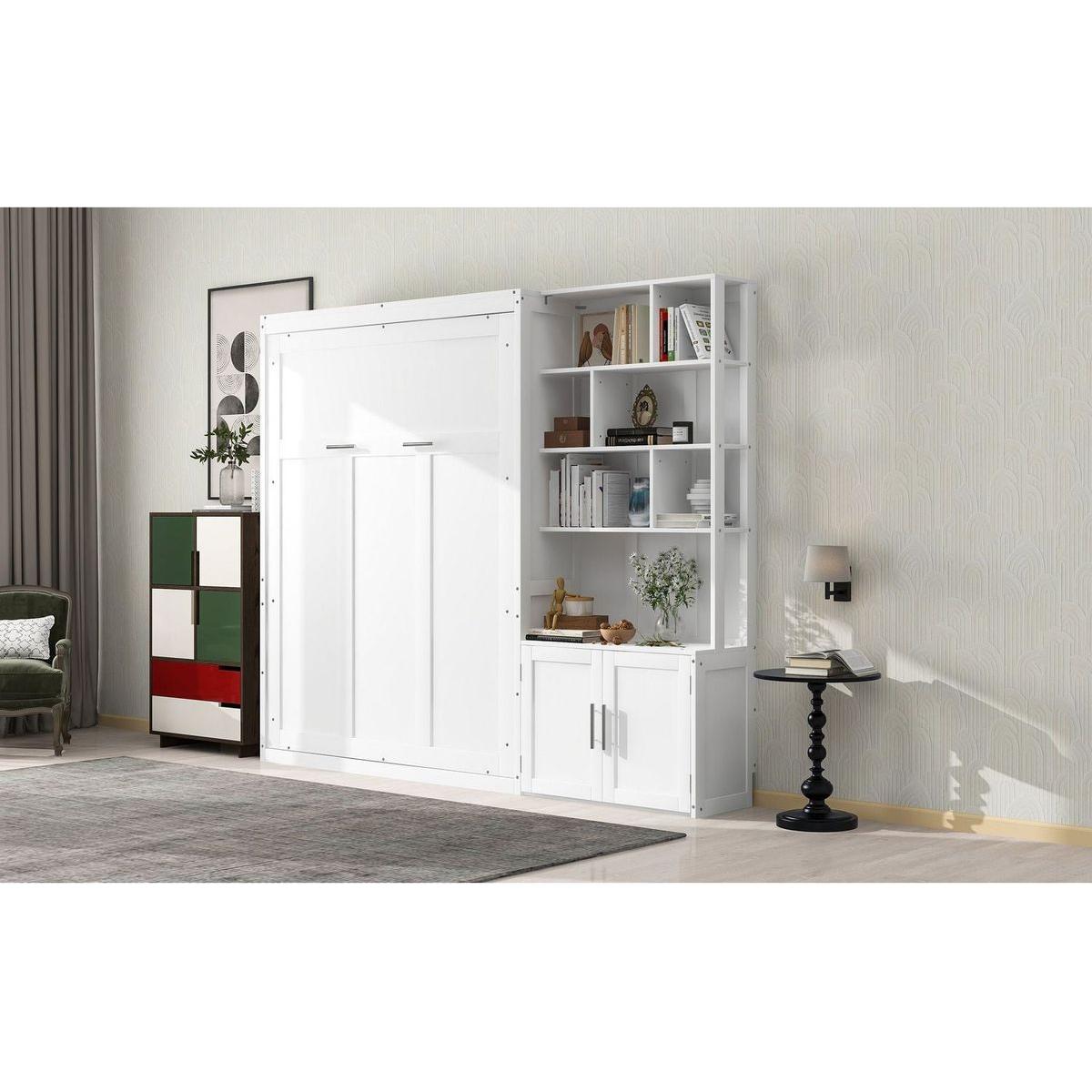 Full Size Murphy Bed with Multiple Storage Shelves and A Cabinet, White