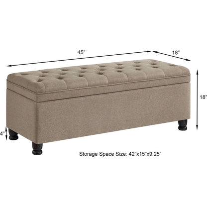 Upholstered tufted button storage bench, Linen fabric entry bench with spindle wooden legs, Bed bench- Linen